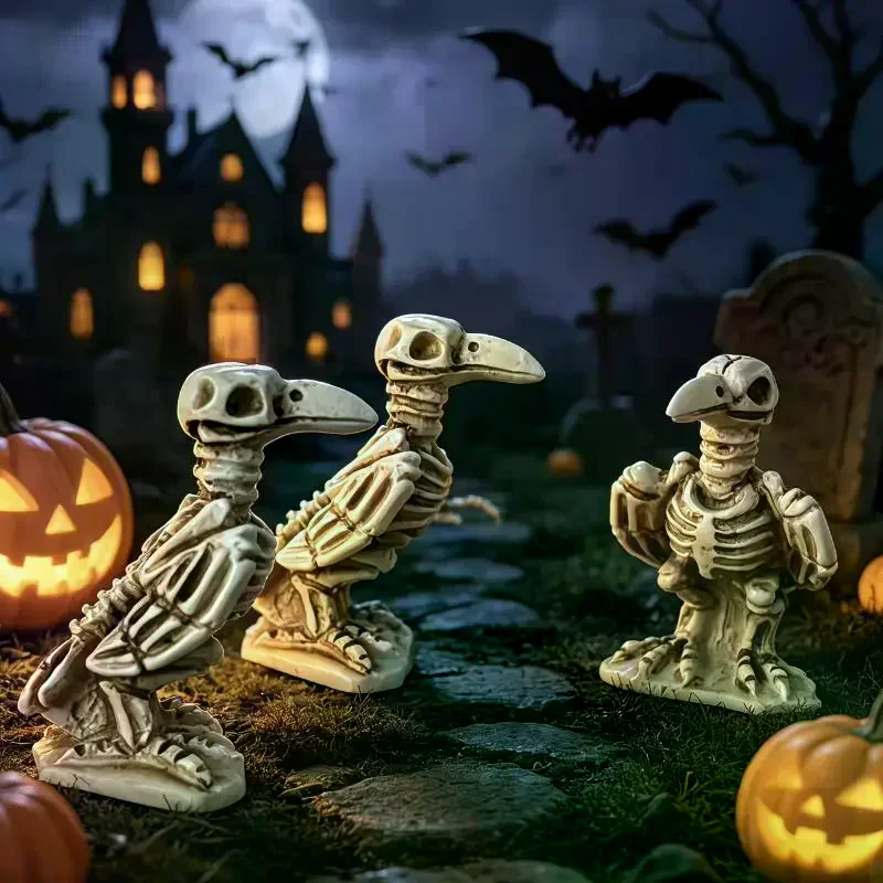 3pcs Skull Crow Miniature Model Halloween Resin Statue Dollhouse Home/Garden Scene Ornament Photography Prop Horror Atmosphere
