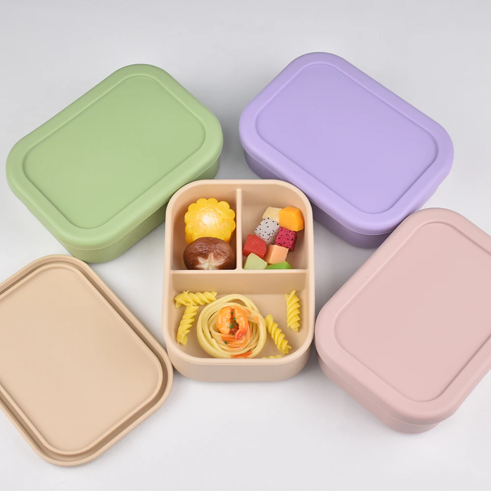Kotak Makan Siang Bento Silikon 3 Kompartemen - Anti Bocor, Dapat Digunakan di Microwave, Ramah Lingkungan untuk Anak-anak dan Dewasa