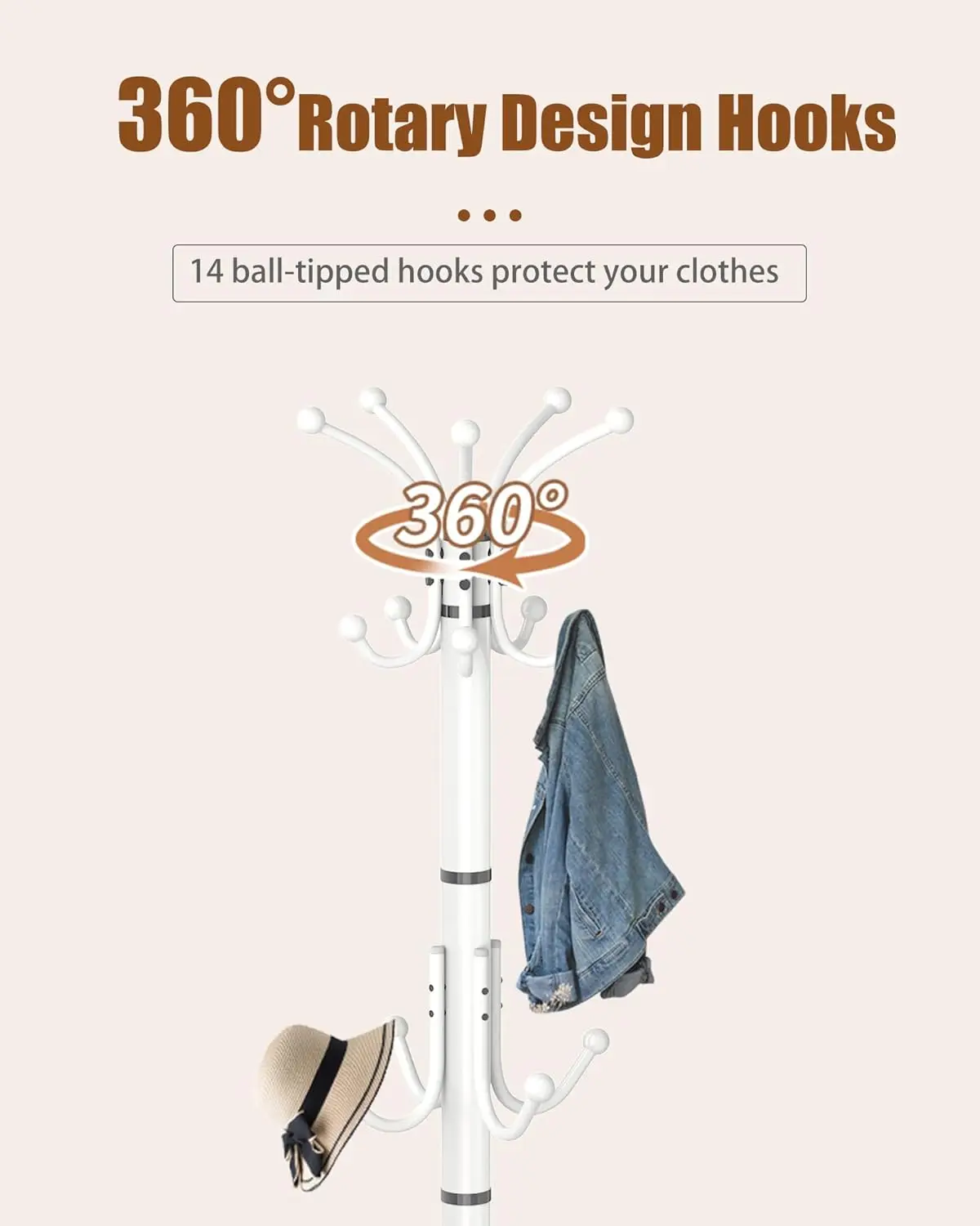 Metal Coat Rack Stand with Natural Marble Base, Modern Coat Rack Freestanding, 360°Rotary Coat Racks with 14 Hooks, Whi