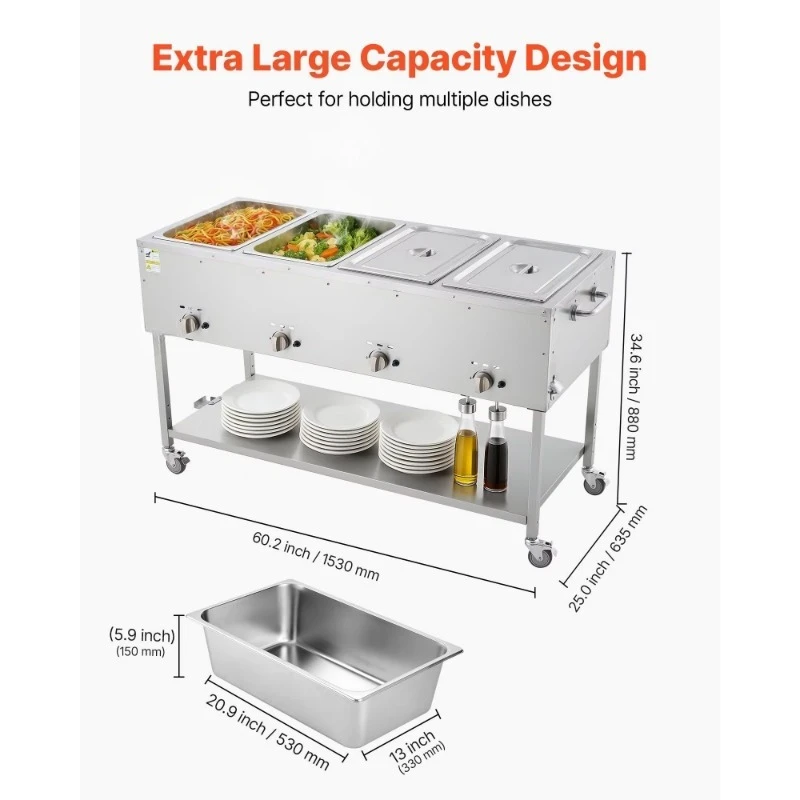 4-Plate stainless steel commercial steam cooker, outdoor soup pot heater, 3-inch wheels, drain valve, insulation equipment