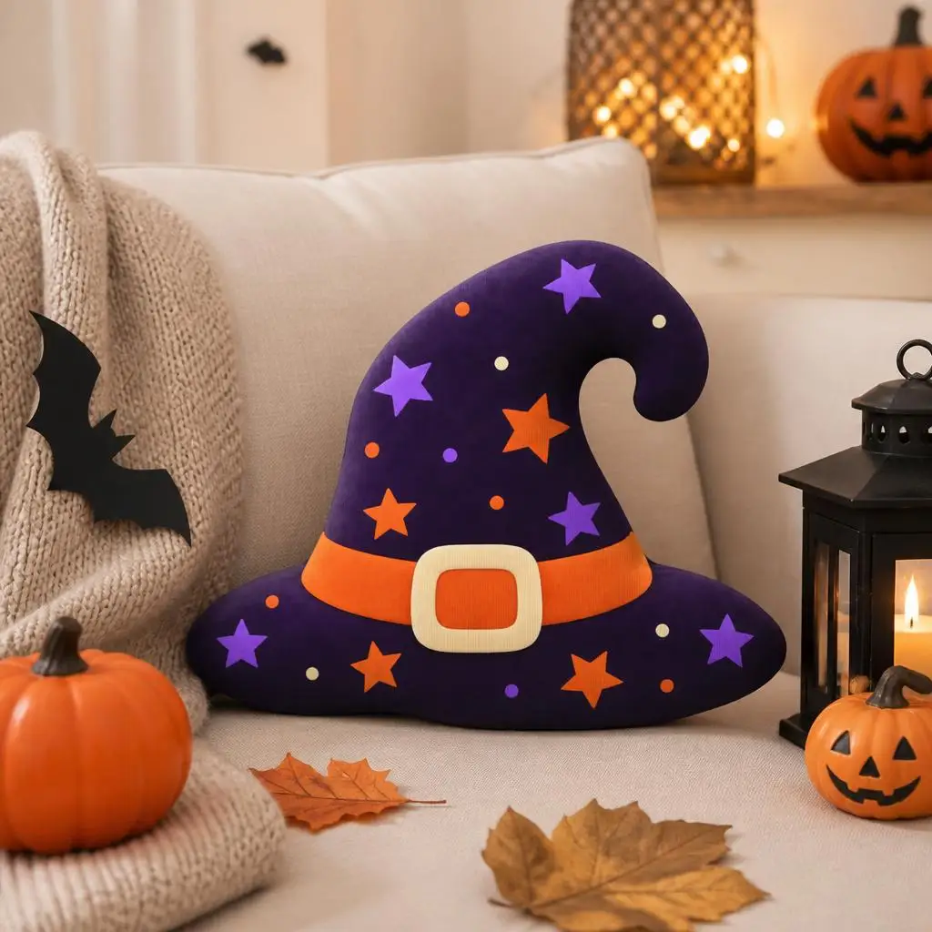 Halloween Witch Hat Shaped Pillow Stuffed Throw Cushion Spooky Home Decor for Sofa Halloween Party Decoration Gift Witchcraft