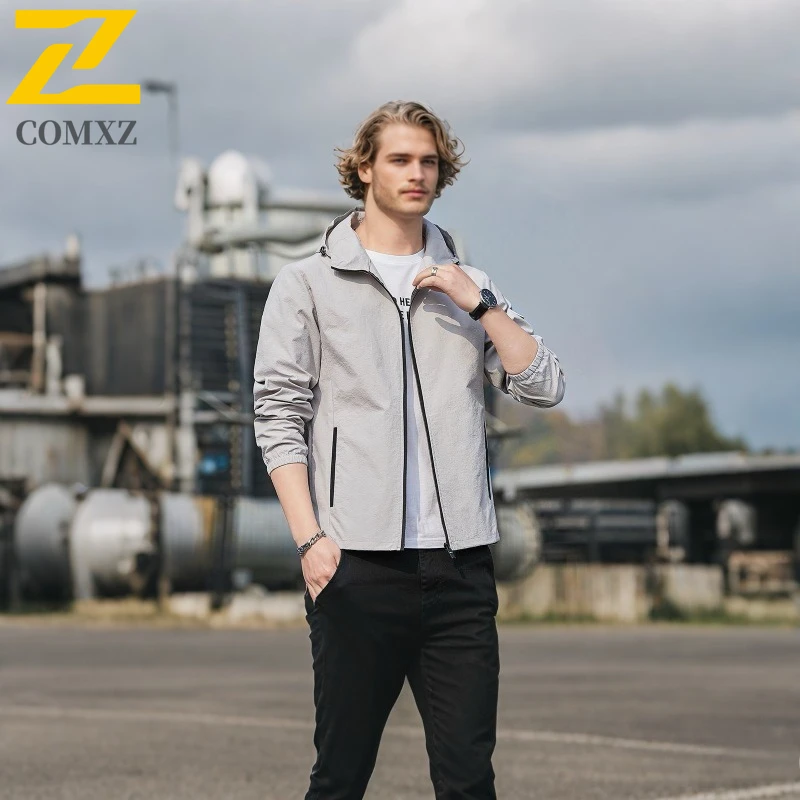 

Trendy Men Jacket Hooded Casual Loose Windproof Lightweight Outdoor Hiking Travel Coat Autumn Thin Breathable Comfortable Coats