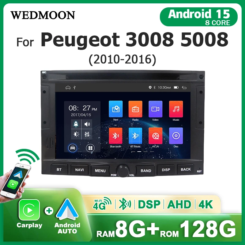 Autoradio Android 15 8G128G avec Carplay sans fil pour Peugeot 3008 5008 2010-2016, Bluetooth, Lecteur Multimédia