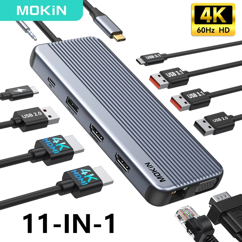 MOKiN USB C HUB 11 in 1 Docking Station 4K 60Hz 2 HDMI VGA USB 3.1 PD 100W RJ45 for MacBook Air/Pro iPad M1/M2 Audio