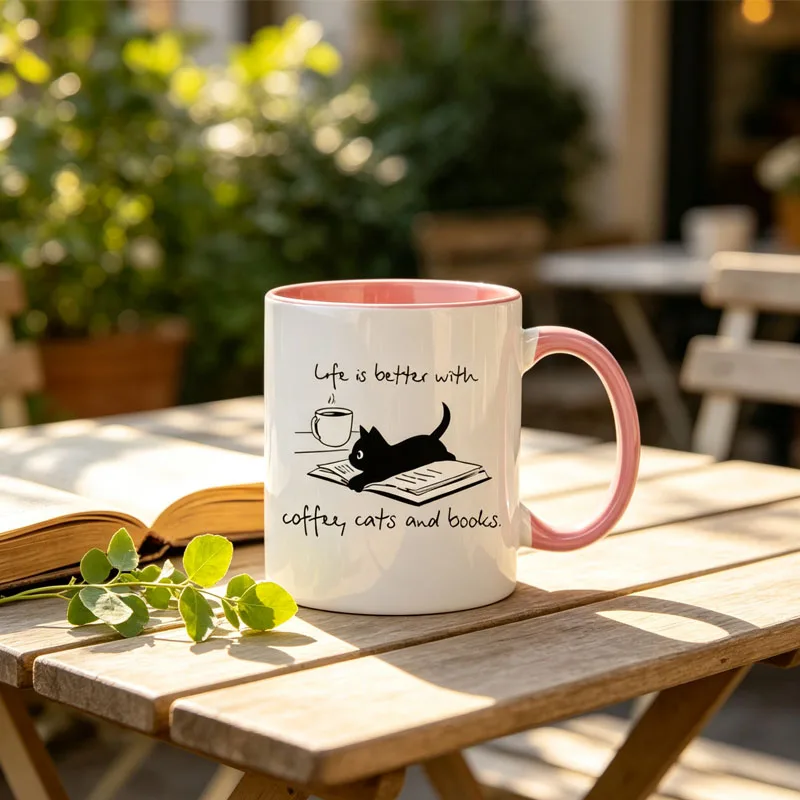 Coffee Cat and Books Make Life Better Ceramic Mug, Perfect for Christmas and Father's Day, Hand Wash Only