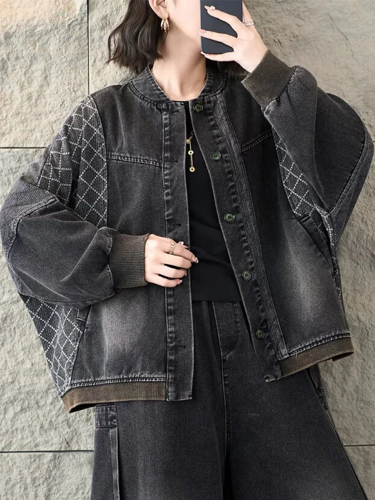 Amax LuluE 2026 Spring Korean Punk Denim Jackets Ladies Vintage Oversized Fashion Coats Womens Classic Leisure Plaid Outerwear