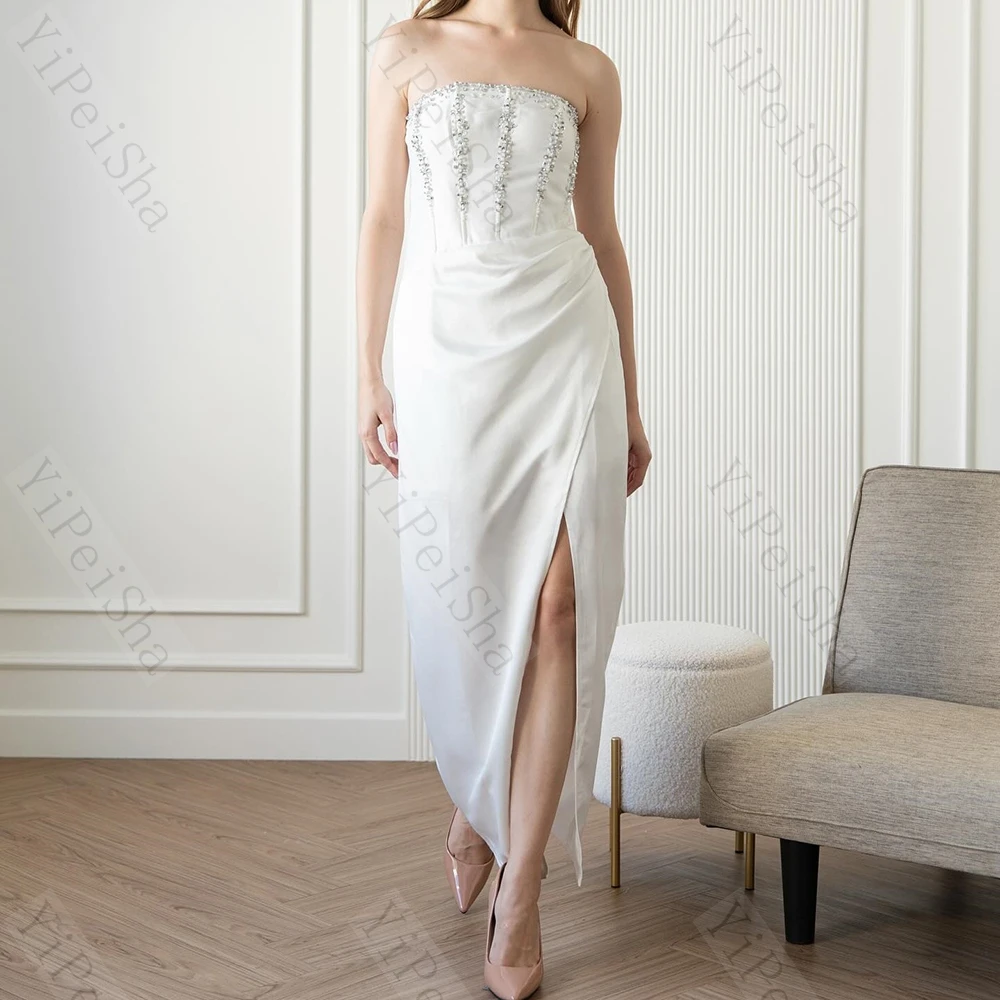 

Customized Straight Evening Dresses Ankle-length Strapless Sleeveless Prom Gown Fashion Crystal Draped Backless Party Gown