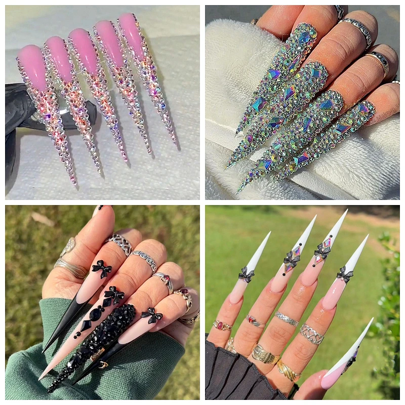 

7CM Long Stiletto 10PCS Handmade Luxury Bling Rhinestones Press On Nails Acrylic 10cm False Nail Stickers Fake Nail With Glue