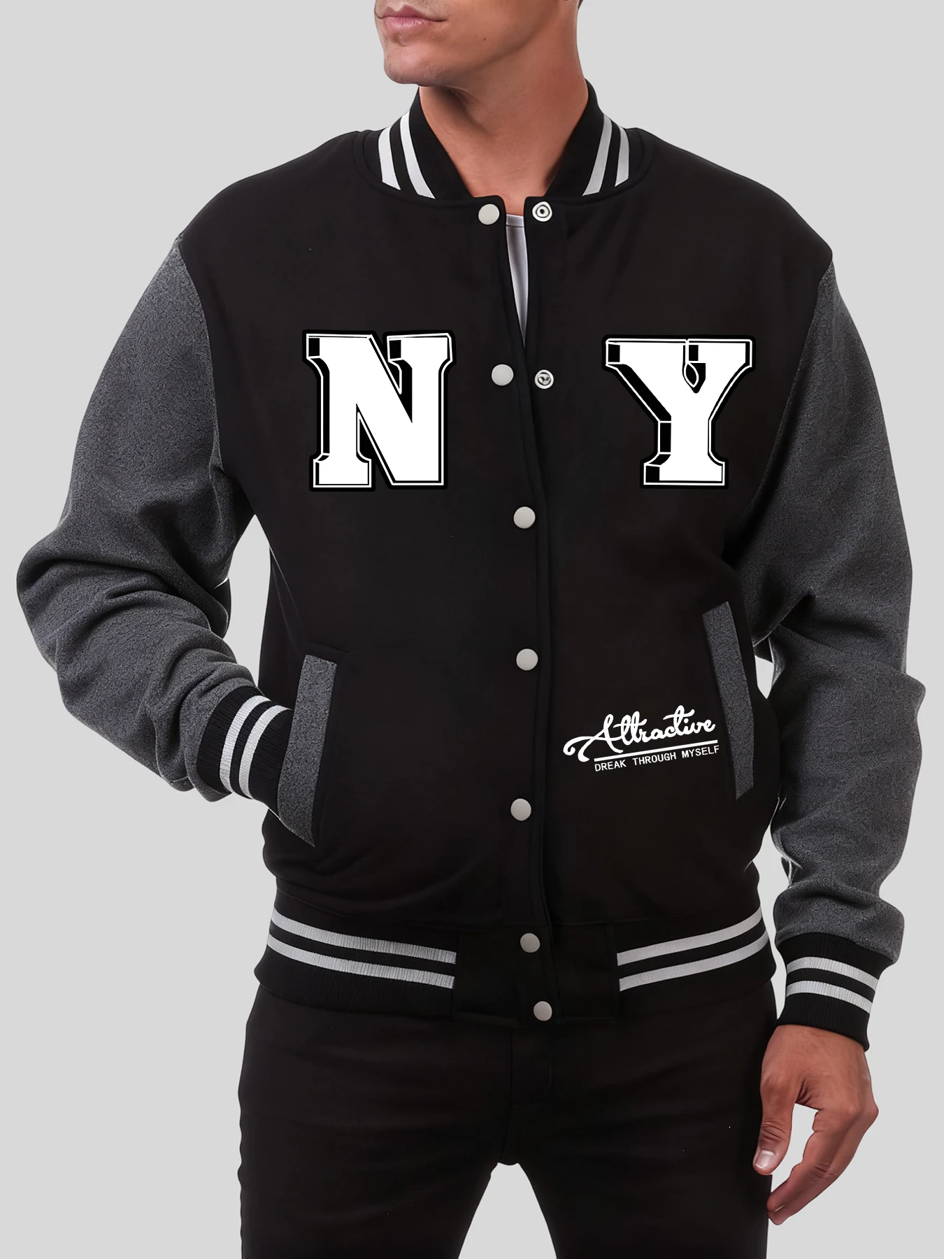 

Through Myself To New York Prints Streetwear Men Hip Hop Oversized Baseball Uniform Casual Fleece Jacket Autumn American Clothes