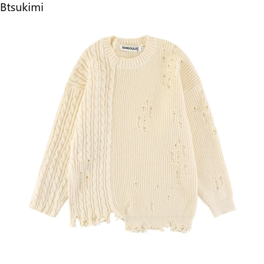2025 Men's Fried Dough Twists Knitted Crochet Perforated Solid Pullover Sweater Autumn Fashion Hip Hop Loose Knit Tops for Men