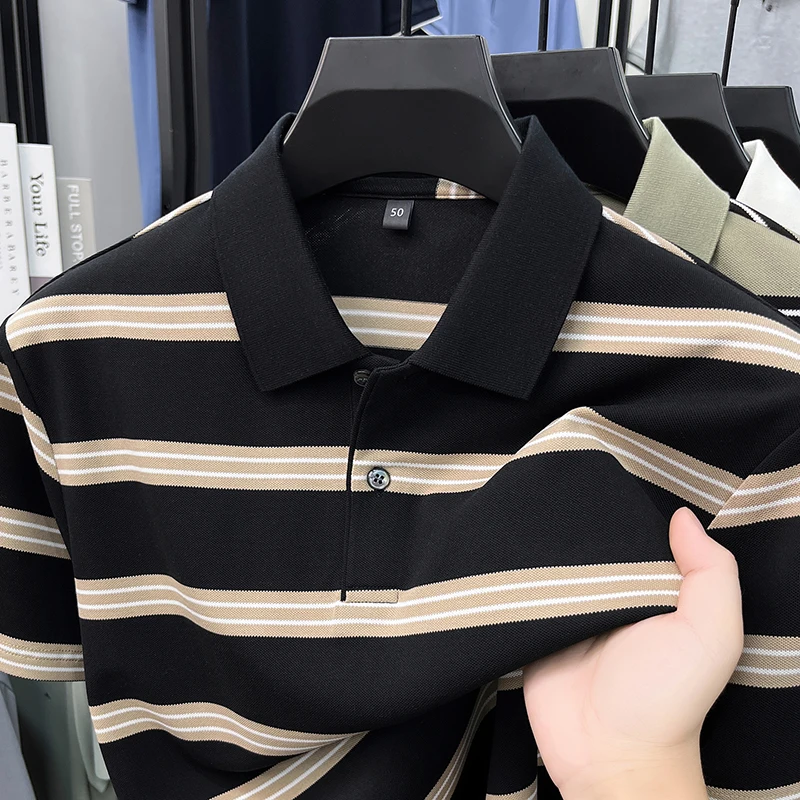 

Fashion striped color blocked short sleeve polo shirt light luxury men's summer breathable comfort business casual lapel T-shirt