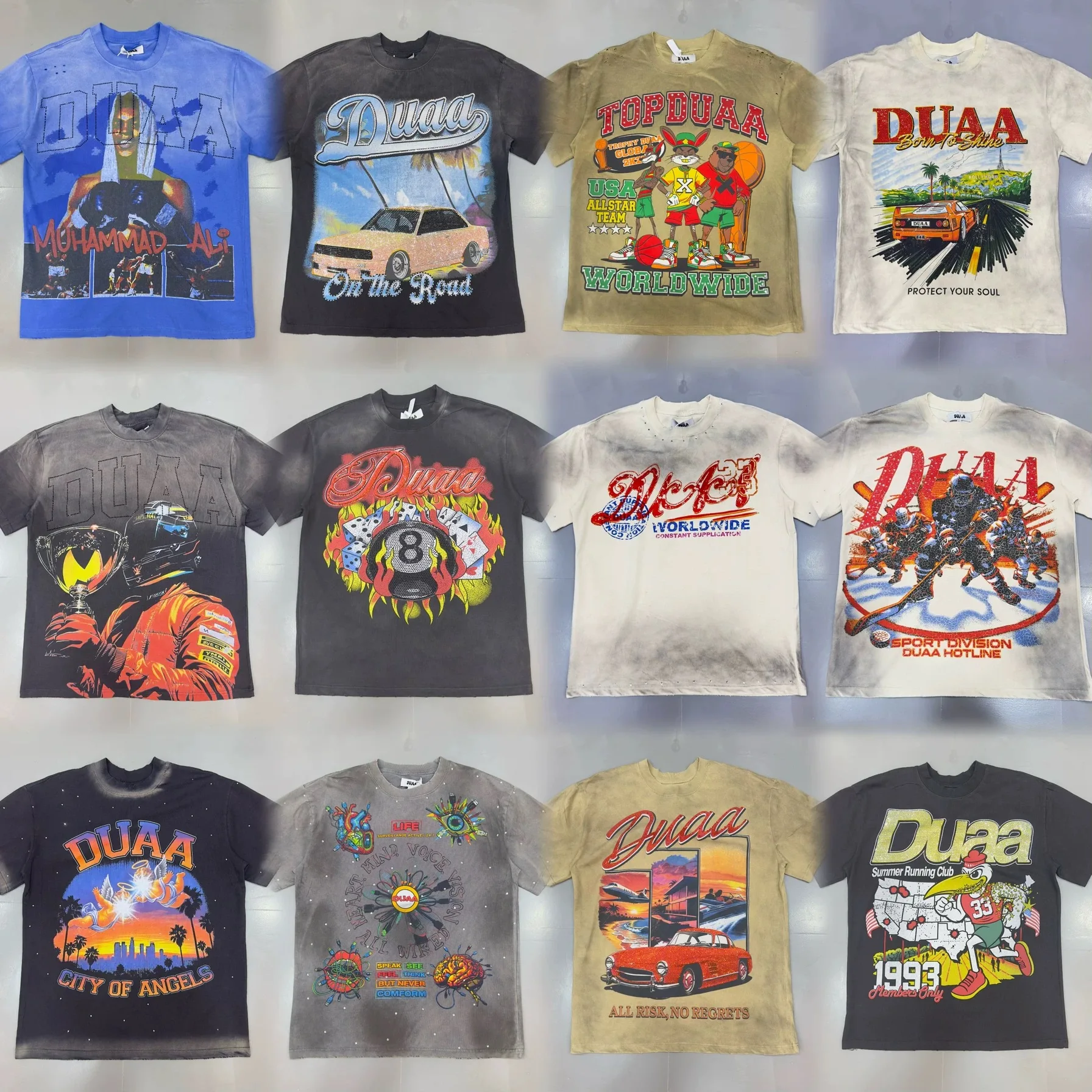 2026 High Quality DUAA USA Summer Running Club Printed Women Men T shirts tees Diamonds Patched Streetwear Men Distressed Top