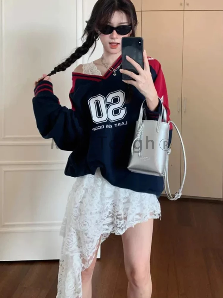 Autumn Fashion American 2 Piece Set Women Retro Color V-neck Matching Jersey+Lace Skirt Female Hoodie 2024 New Niche Design Suit