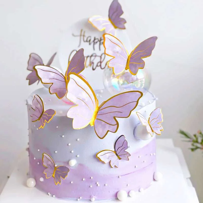 Pink Purple Butterfly Cake Toppers Gold Happy Birthday Cake Topper for Princess Girl Wedding Birthday Party Cake Decoration