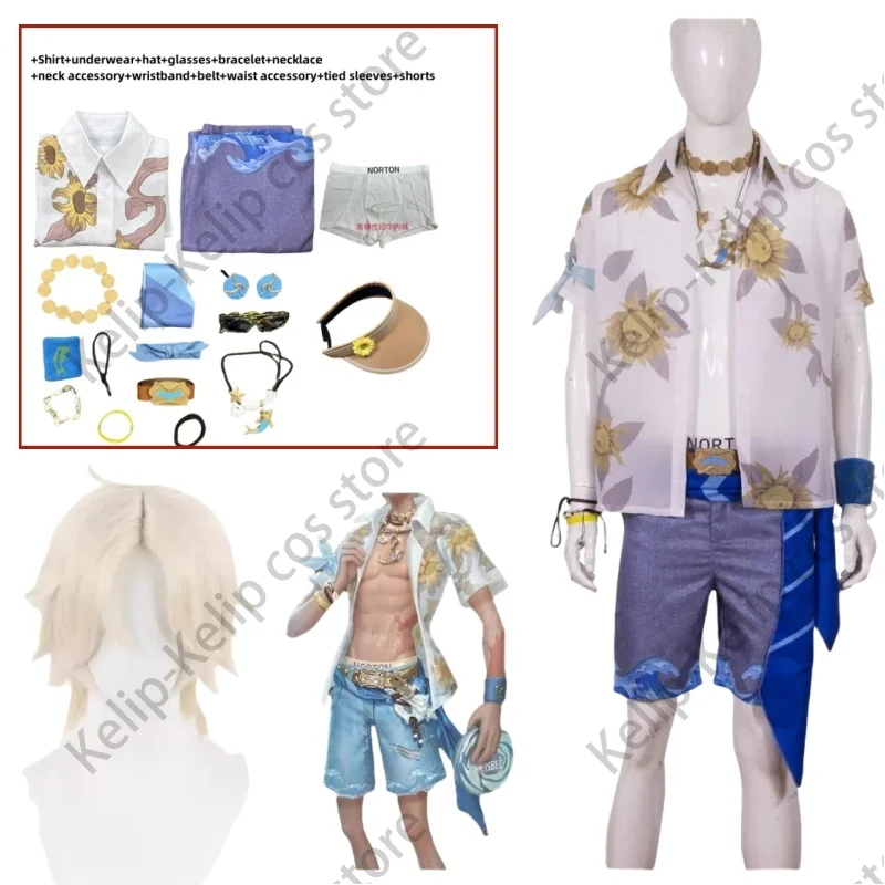 Jeu ta.com-Norton Campbell Prospector Cosplay Costume, Skin Midsummer Fashion Wig, Beach Wind Shirt, Shorts, Man Party, trempé