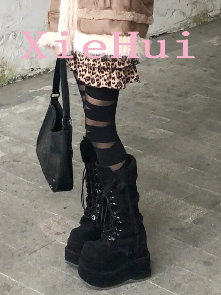 Punk Style Women's Long Boots Plush round Toe Thick Bottom Heightening Winter Fashion Boots Cross Buckle High Heel Urethane
