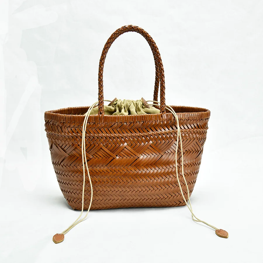 French Style Woven Basket Bag Real Leather Handmade Women\'S Handbag Popular Hot Selling