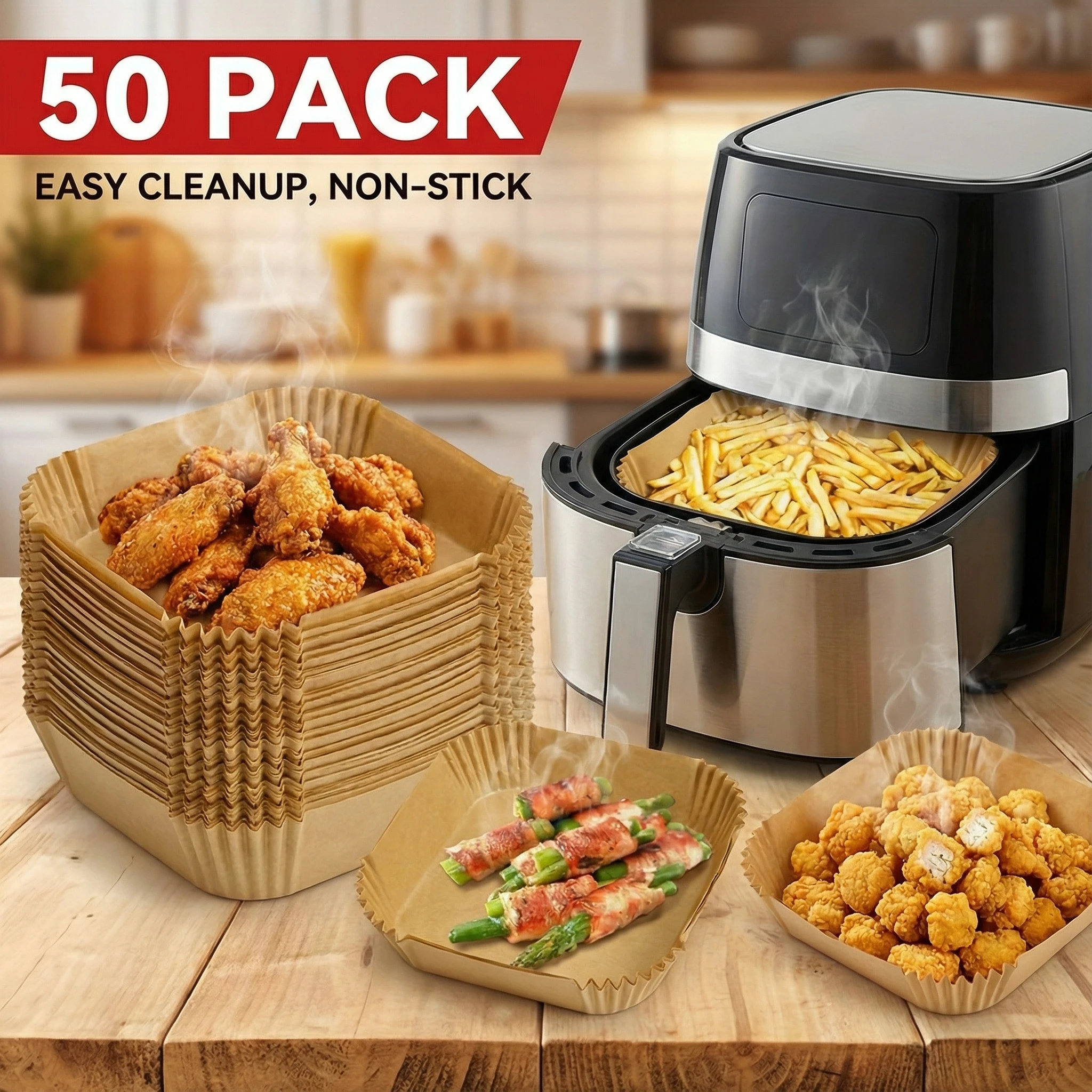50-Piece Air Fryer Parchment Liners: Non-Stick & Oil-Absorbing Paper for 5-8QT Air Fryers
