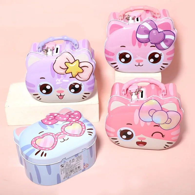 1PCS Cartoon Cute Cat Metal Piggy Bank Bank Money Saving Box Children Coin Deposit Box Best Birthday Gifts For Kid With Lock