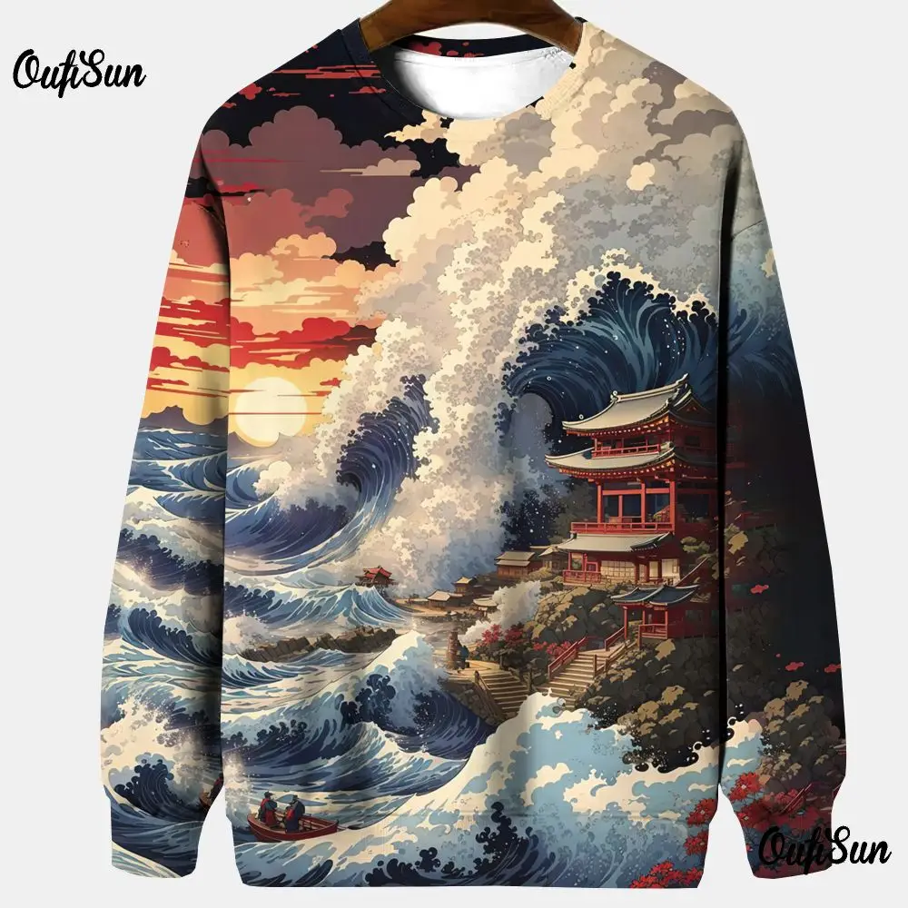 Japanese Ukiyoe Sweatshirt For Men Long Sleeve T-Shirt O-Neck Pullover Oversized Spring Clothing Thin Casual Men\'s Hoodies 2024