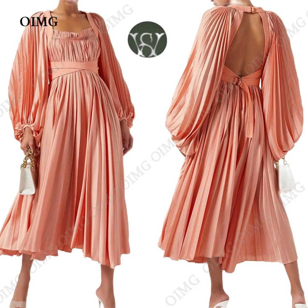 

OIMG Orange Chiffon Backless Strapless Evening Dress Full Sleeves Tea Length Formal Causal Prom Party Gown vestidos de fiesta