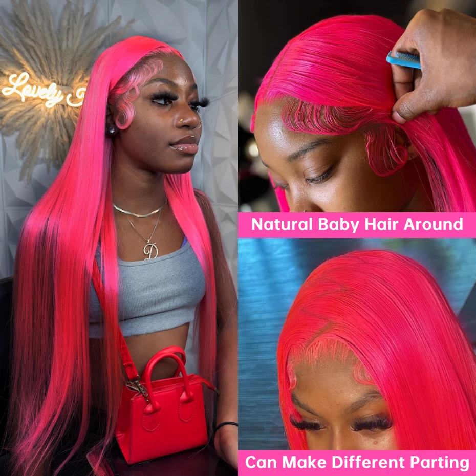 Pink Lace Front Human Hair Wigs Hd Straight 13x6 Lace Frontal Wig Pink Colored Human Hair Pre Plucked with Baby Hair 180 Density image 4