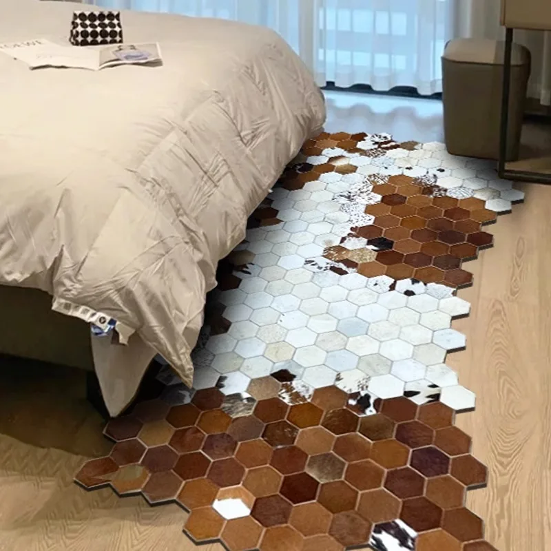 

Brown Plaid Natural Cowhide Carpet Bedside Bedroom Long Rugs Sofa Modern Home Large Area Carpets Study Cloakroom Decorative Rug