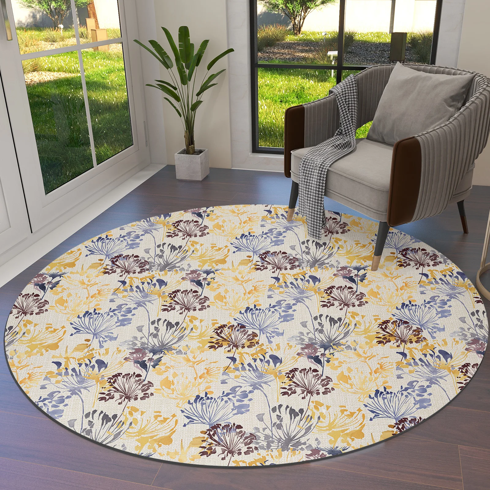 Plant Dandelion Orange Blue Round Area Rug Carpets for Living Room Large Circle Floor Mat Home Bedroom Kid Room Decoration