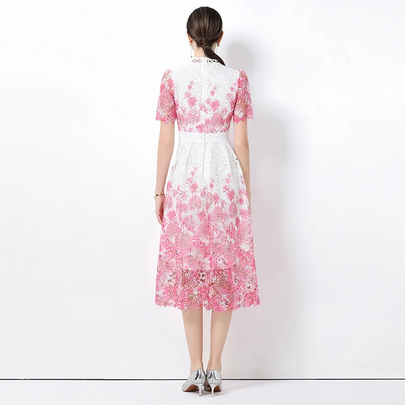 Verão retro elegante vestido feminino mangas curtas gola padrão floral decoração vestido oco rendas roupas de emagrecimento