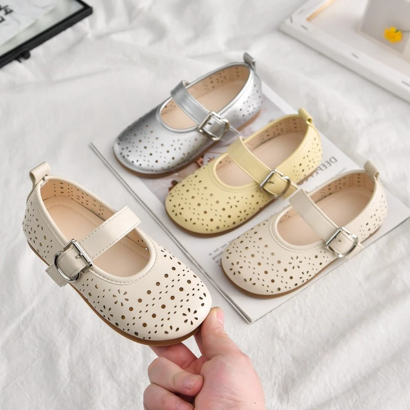 Kids Leather Shoes Non-slip Hook&loop Girls Flat Shoes Hollowed-out Breathable 2026 New Children Princess Shoes Pu Comfortable