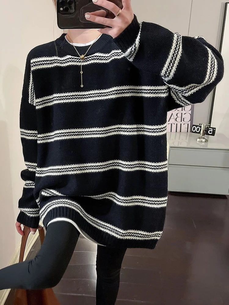 Zoki Oversize Women Striped Knitted Sweater Vintage Lazy Wind Casual Pullover Korean Loose Long Sleeve All Match Jumper Outwear