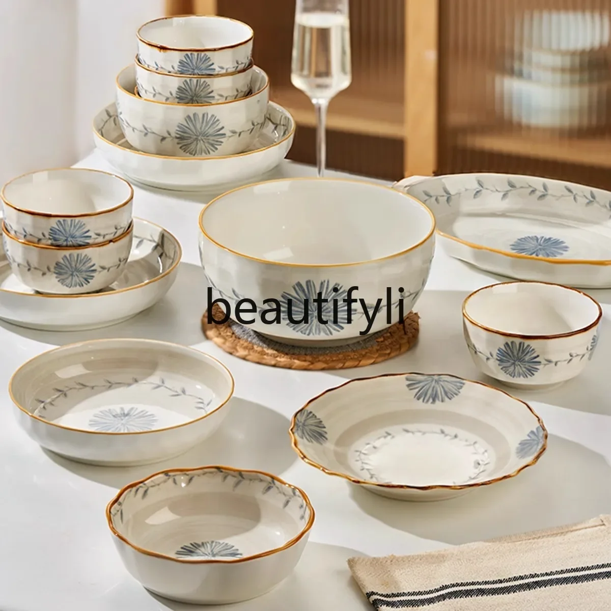 Chinese dishes set, household bowls, plates, tableware, Japanese underglaze color housewarming, gift bowls, ceramic tableware