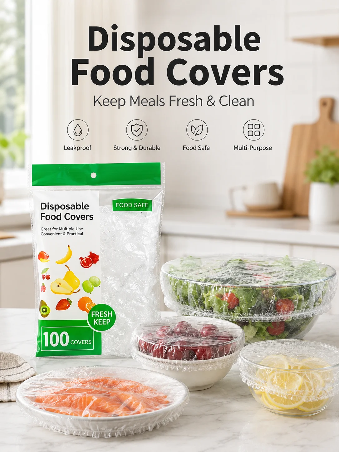 100 Pcs Disposable Elastic Bowl Covers, Clear Plastic Stretch Food Wrap Caps for Leftovers, Plates, Fruit, Salad and Meal Prep, Dust Cover with Strong Elastic Edge for Refrigerator Storage, Picnic, Kitchen, Party and Daily Use