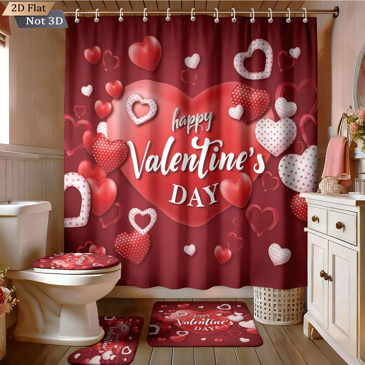 

4pcs Valentine's Day Romantic Red Love Printed Bathroom Set 180x180 Waterproof Shower Curtain Floor Mat Toilet Mat U-Shaped Mat