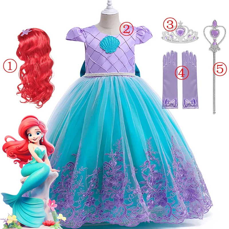 

2024 Disney Girls Little Mermaid Ariel Dress Kids Cosplay Costume Children Ruffle Halloween Party Clothing Kids Party Ball Gown