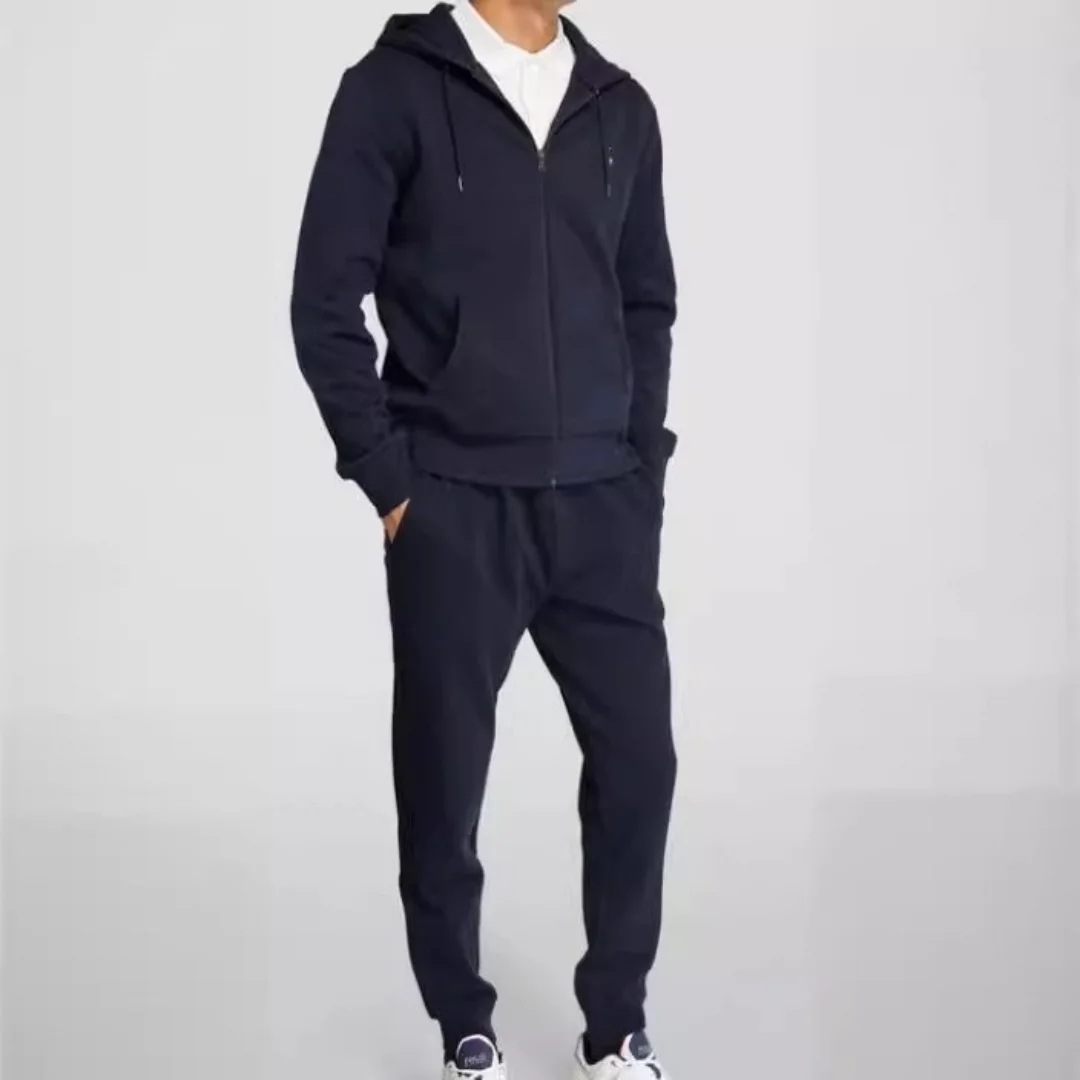 Combinaison de sport à la mode pour hommes, comprenant un sweat-shirt à capuche et un pantalon de survêtement à fermeture éclair de couleur pure, un ensemble deux pièces, adapté pour