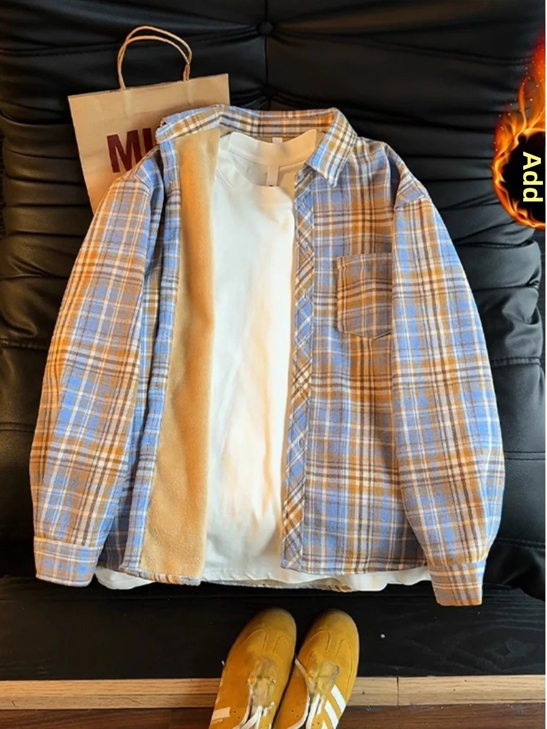 

Yellow Plaid Fce Lined Long Sve Men's irt Vintage Thi Warm Top for Autumn Winter Casual Wear Button up Coat