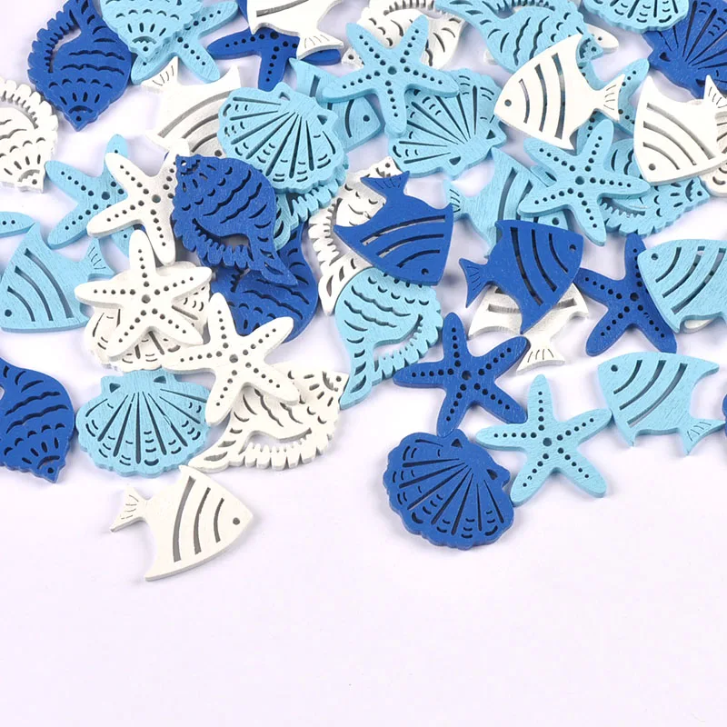 25 sztuk 3cm Mix seria oceaniczna niebieskie plastry drewna rzemiosło Scrapbooking niedokończone drewniane ozdoby DIY dekoracja wnętrz ozdoby