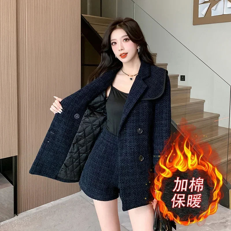 Tweed Navy Blue Women Suits 2 Piece Blazer+Short Pants Formal Office Lady Jacket Belt Business Work Wear Girl Coat Fall Outfit