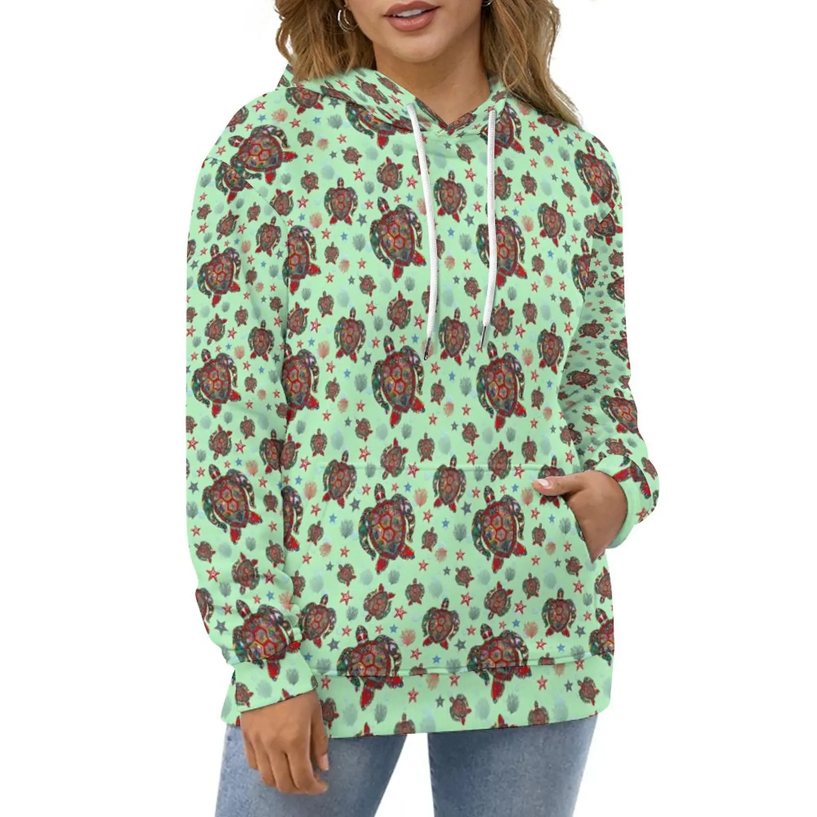 

Turtles Casual Hoodies Sea Stars Print Cool Hoodie Ladies Long Sleeve Street Fashion Graphic Loose Oversized Clothing