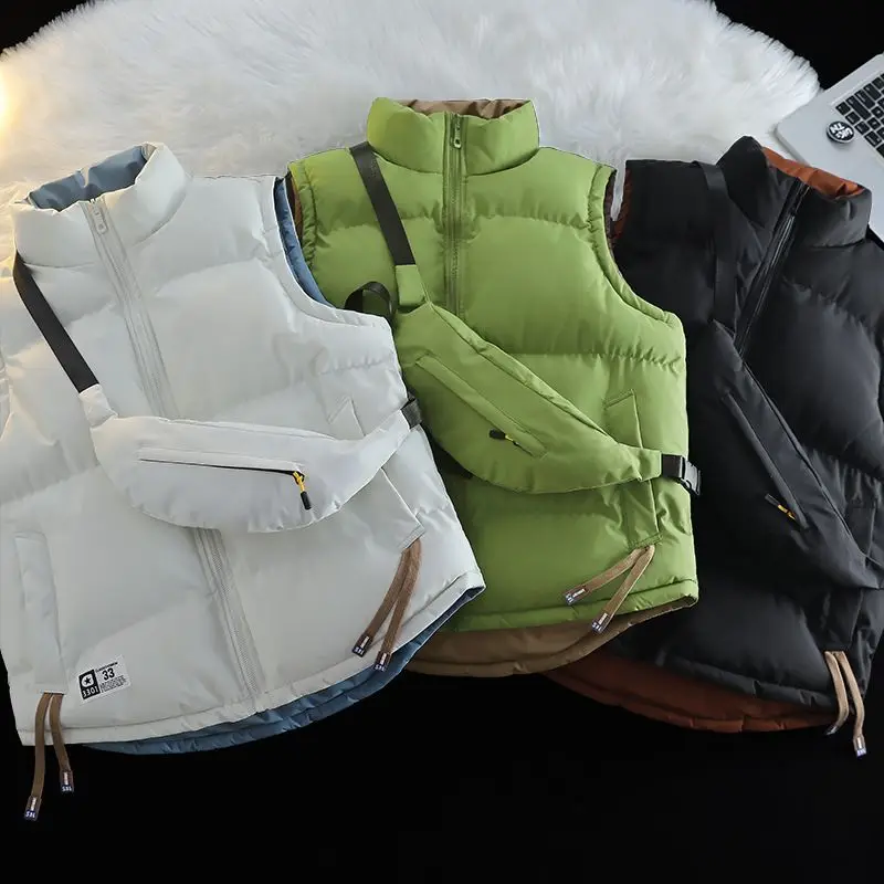 

Двусторонний жилет с воротником-стойкой, повседневный, осенне-зимний, с дизайном сумки, теплый, для отдыха, для пар