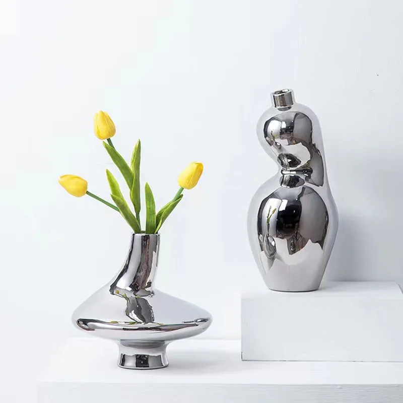 Nordic Plating Silver Vase Dried Flower Ornaments Electroplated Ceramic Vase Model Vases Living Room Home Decoration Gift