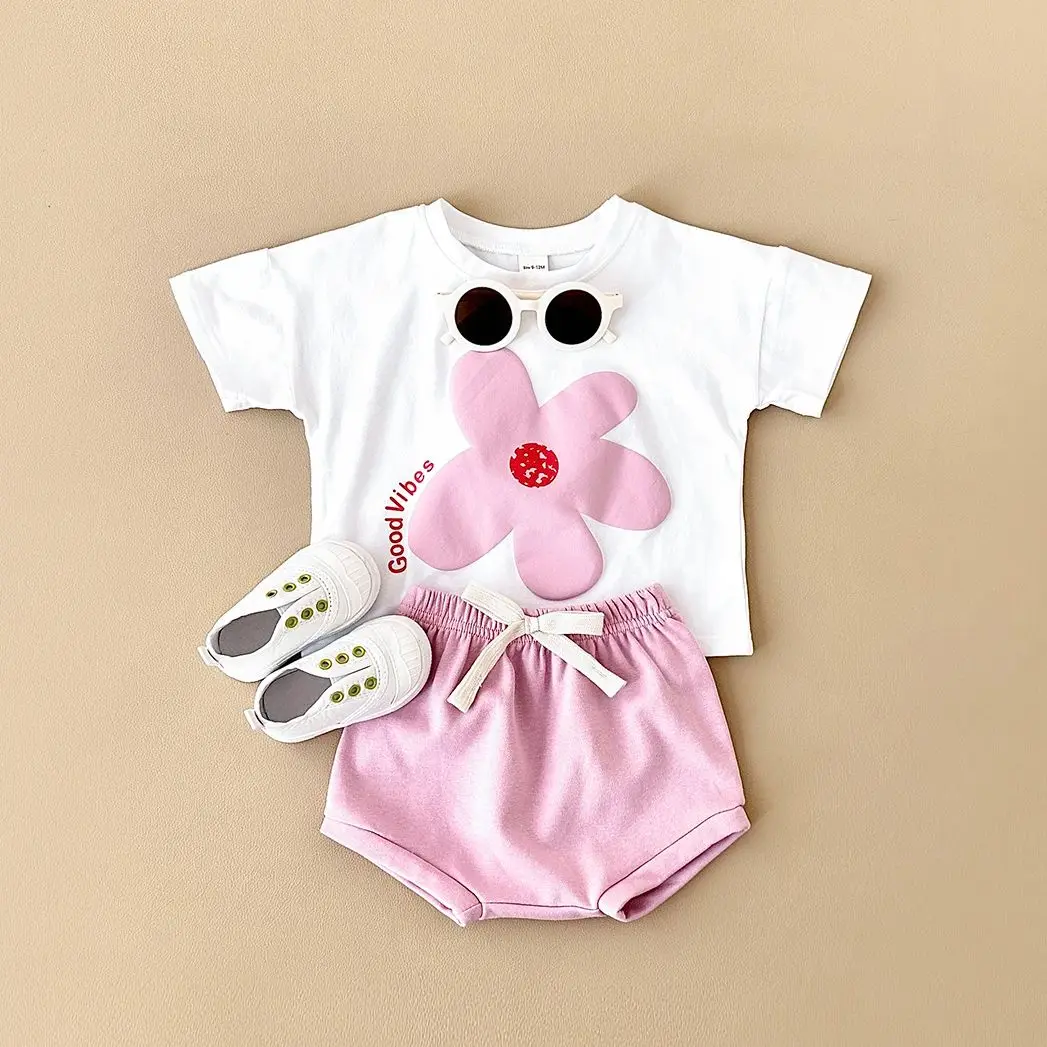 2024 Summer Newborn Girl Clothing Baby Set Flower Print Short Sleeved T-shirt+Beach Shorts Cotton Leisure Vacation Boy Suit 0-3Y