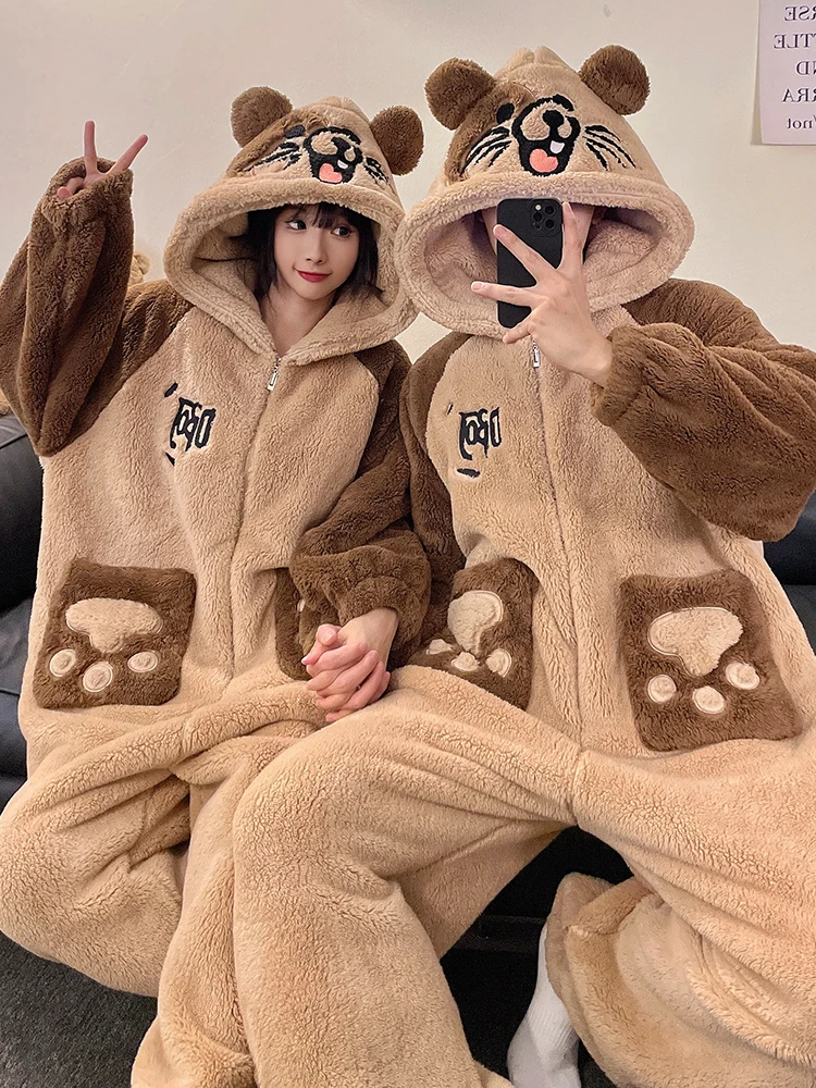 DAIMELU الكرتون لطيف منامة الرجال الخريف ملابس خاصة الشتاء سميكة المرجان الصوف الفانيلا الذكور قطعة واحدة المتسكعون دعوى نايتي