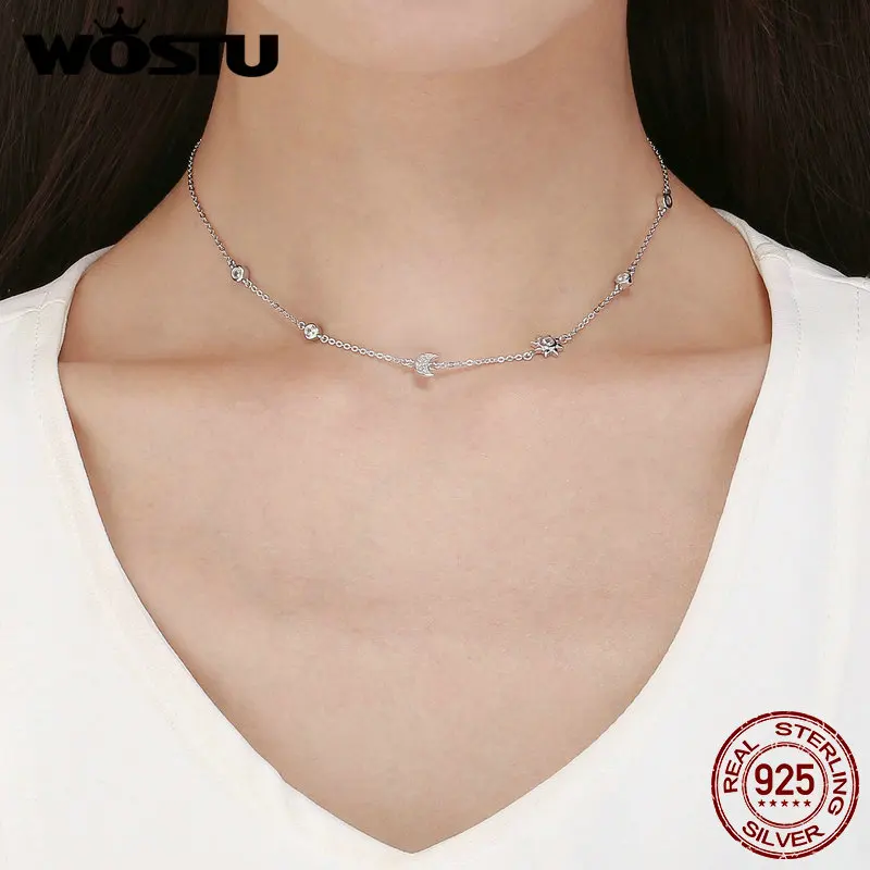 

WOSTU Настоящее серебро 925 пробы сверкающая Луна и звезда изысканный кулон колье ожерелье для женщин ювелирные изделия подарок FIN272