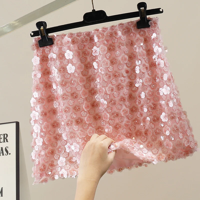 

Корейская короткая юбка с блестящими пайетками и 3D-эффектом, с завышенной талией, облегающая, для женщин, модная, с богатой отделкой, розовая