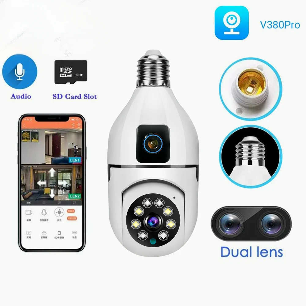 Vigilância Sem Fio Smart Home Security, Dual Lens Screen, E27 Bulb Camera, Audio Video Recorder, Night Vision, Wi-Fi Indoor Monitor