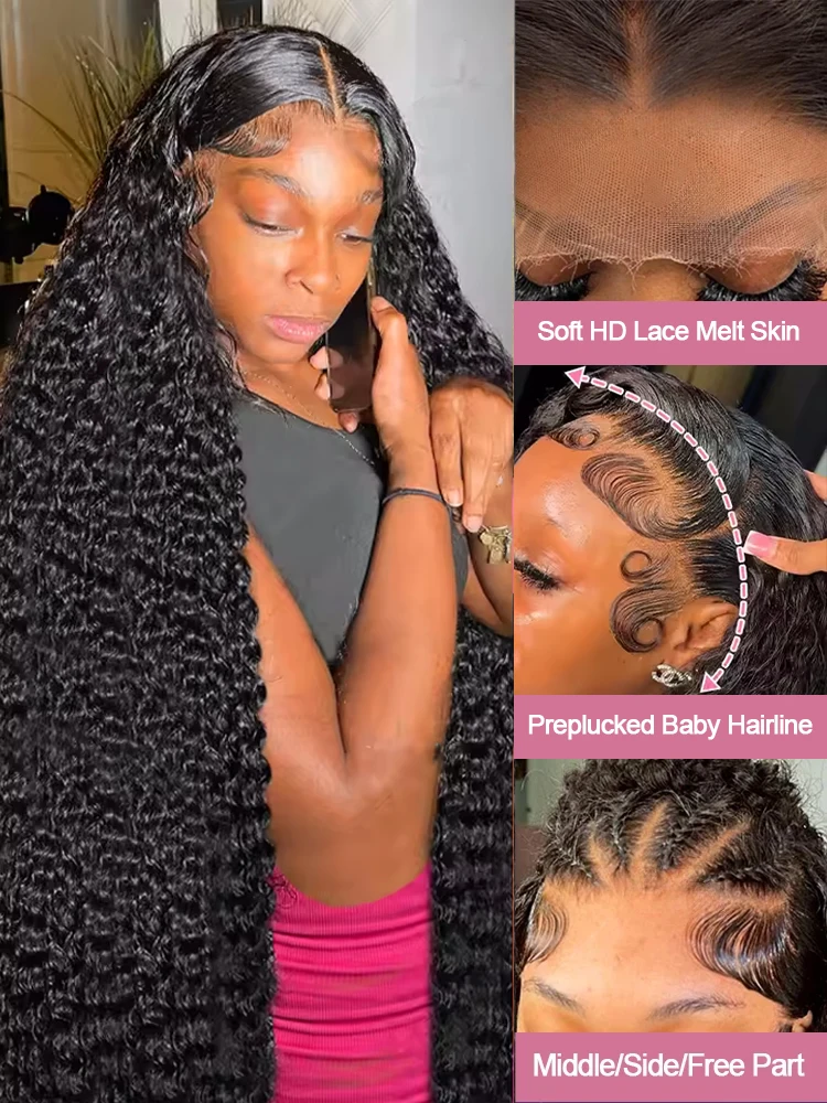 Прозрачные вьющиеся парики с плотностью 300%, 13x6 HD, кружевной фронтальный парик из человеческих волос, 40 дюймов, глубокая волна, одежда Go 7x5, бесклеевой передний парик, предварительно вырезанный