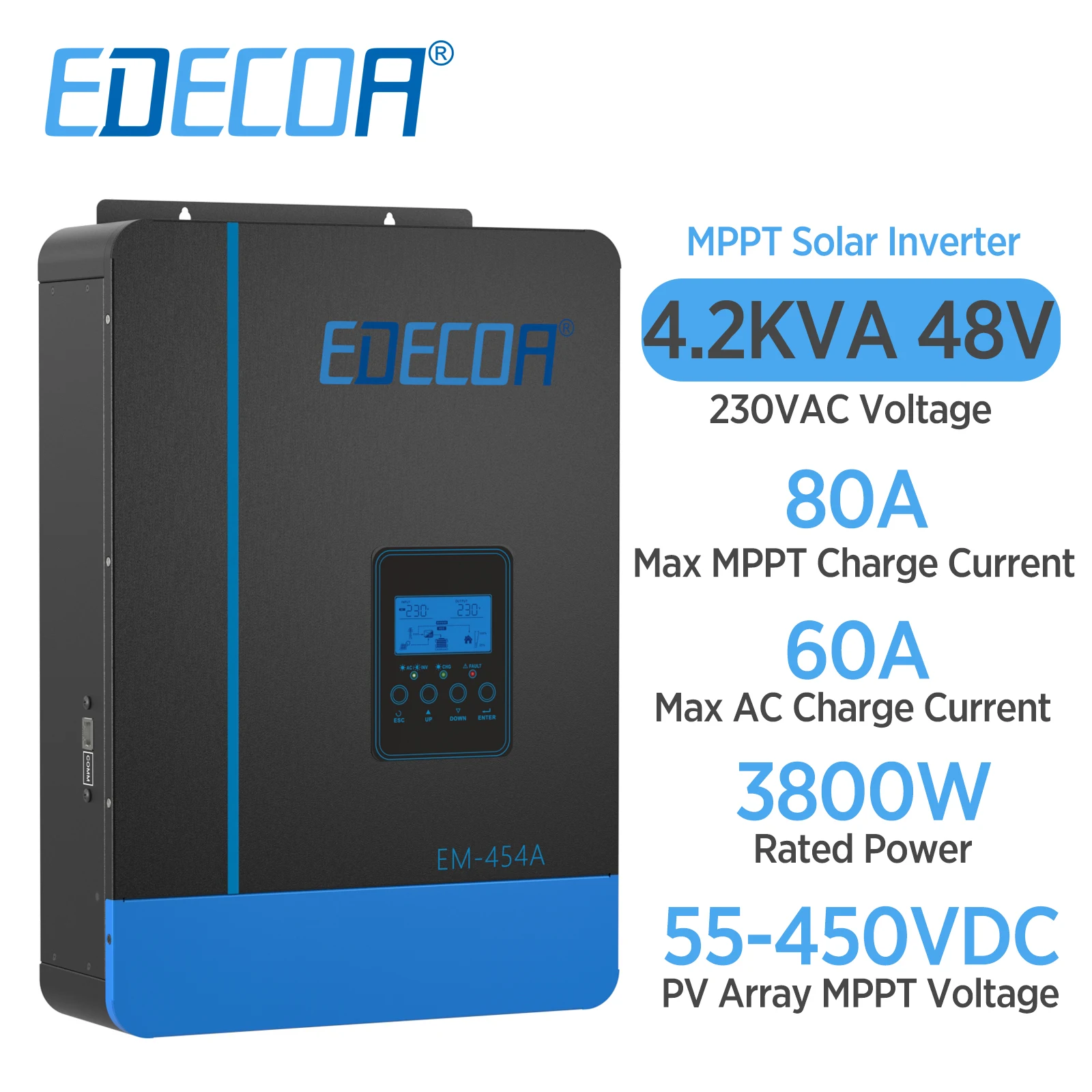 EDECOA 48V 3800W Solar Hybrid Inverter 48V to 220V 230V Off Grid Pure Sine Wave Inverter 3.8KW 4.2KVA Compatible LiFePo4 Battery