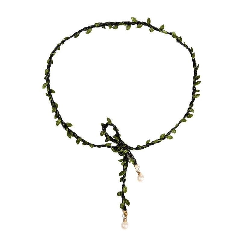 

Vintage Green Leaves Belt for Women White Pearl Pendant Decors Ladies Dress Belt Fashion Female Waist Rope Accessories
